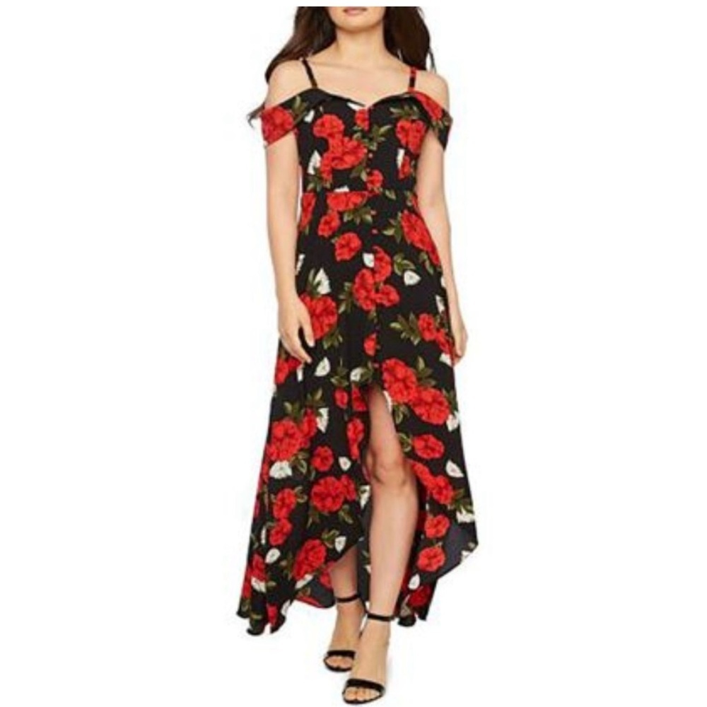 Moody Bright Red Floral Maxi High-Low Hem Off the Shoulder Dress size 4